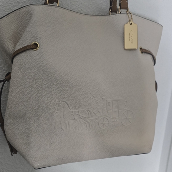 Coach Andy Cream & Brown Embroidery Pebbled Leather Tote (METAL HANGTAG)(EUC)🤎✨ - Picture 3 of 13